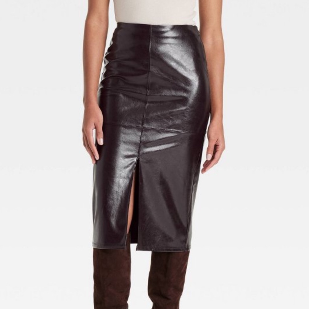 Dark Brown Faux Leather Pencil Skirt